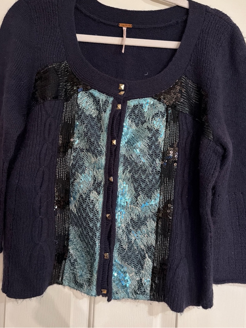 Free People Navy Sequin-Accent Cardigan Sweater size M